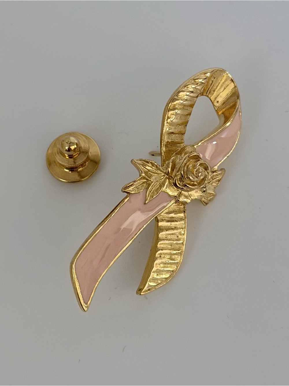 Avon Gold-Tone Pink Enamel Ribbon Rose Brooch